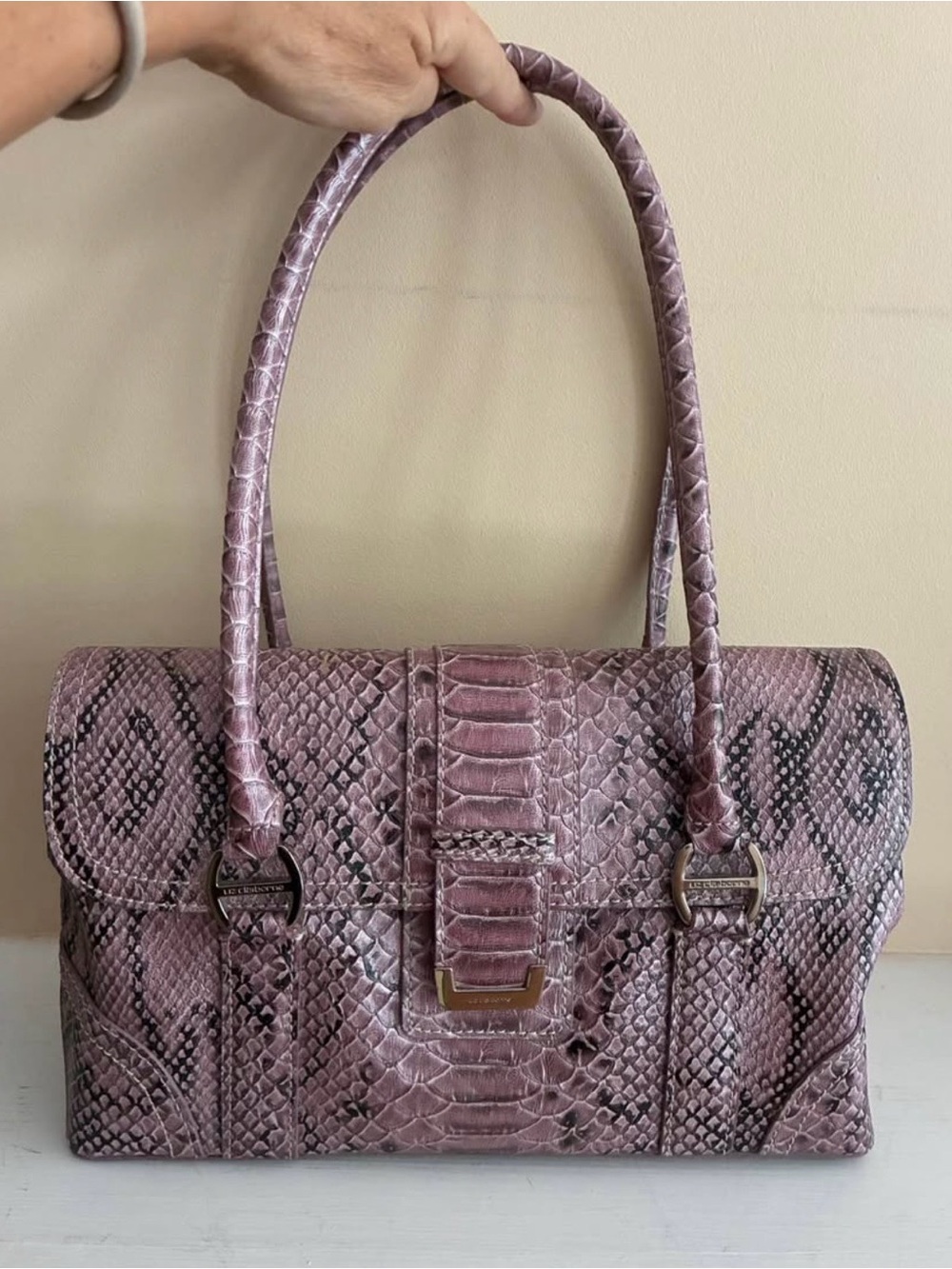 Liz Claiborne Pink Snake-Embossed Structured Shoulder Bag, medium size, new cond